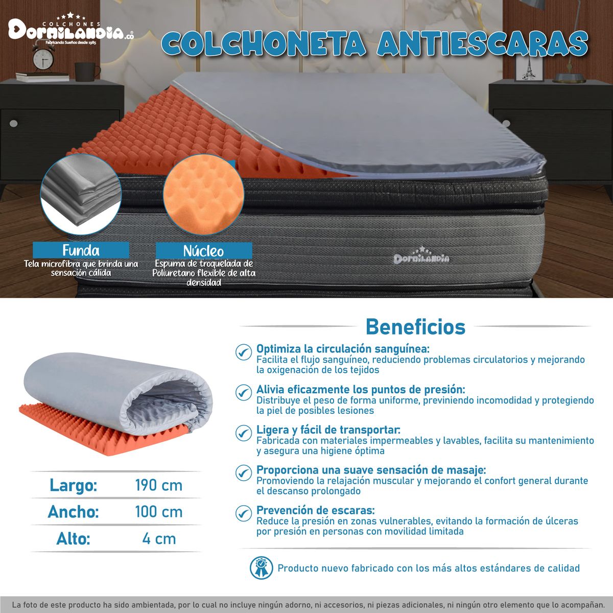 DORMILANDIA - Colchoneta antiescaras gris sencilla 100x190 cm dormilandia