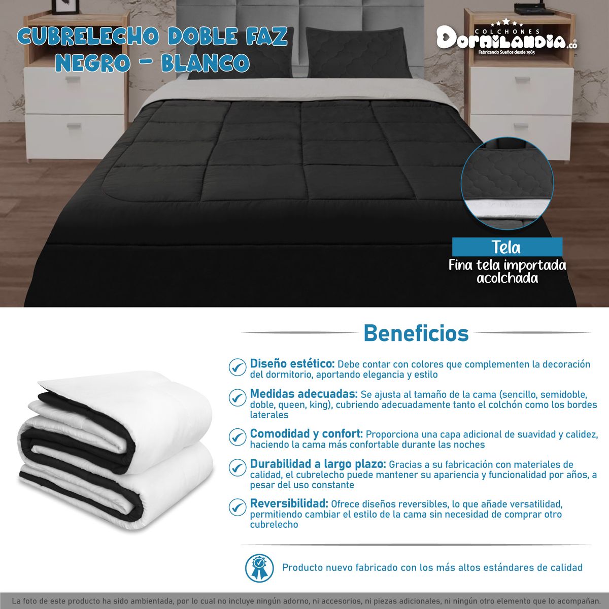 DORMILANDIA - Cubrelecho doble faz queen 160 negro - blanco