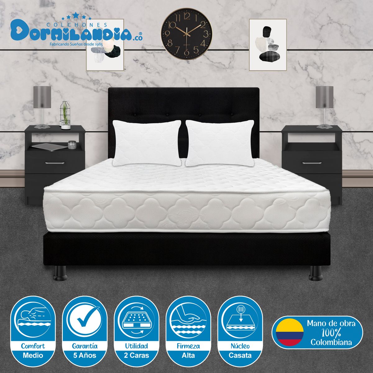 DORMILANDIA - Combo colchón doble 140x190 espumado macizo  base cama entera  cabecero  almohadas