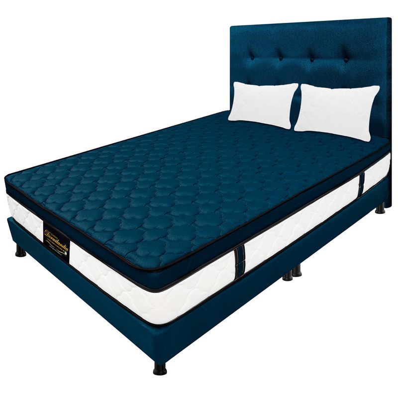 DORMILANDIA - Combo Colchon Azul King 200x200 Resortado Dublin Base Cama Dividida Cabecero Almohadas