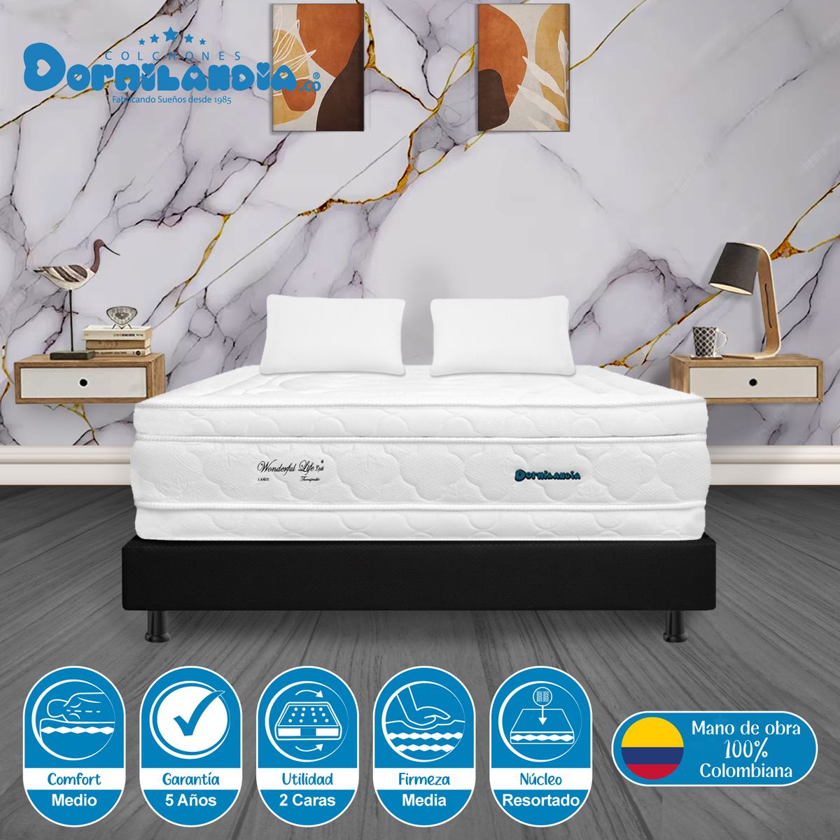 DORMILANDIA - Combo colchón king 200x200 resortado wonderful dp+base cama+almohadas