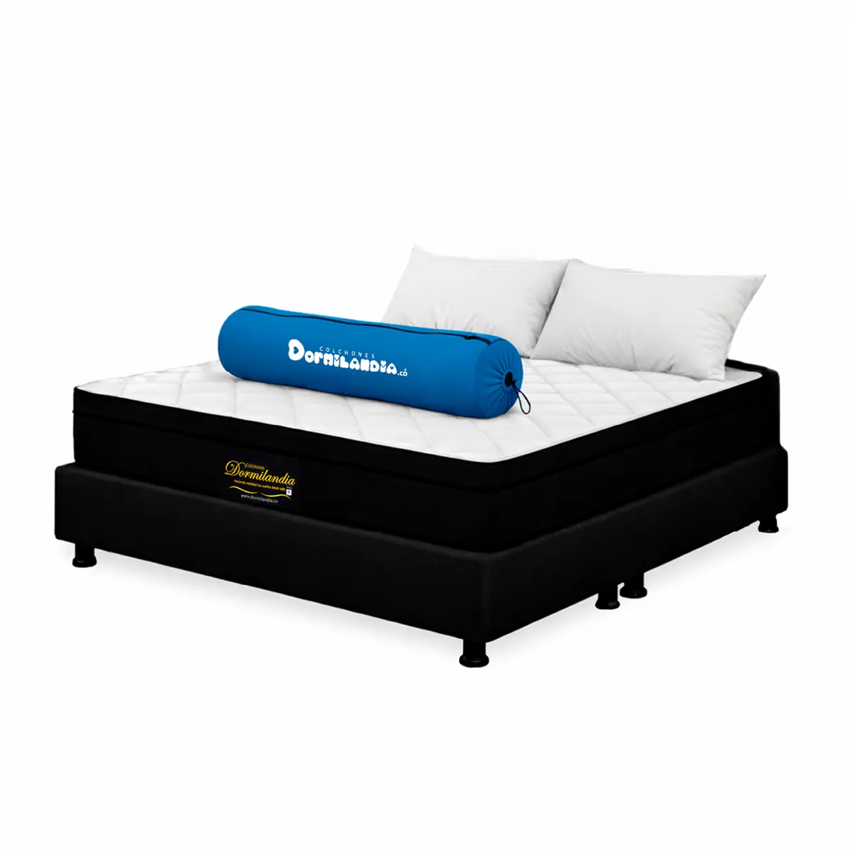 DORMILANDIA - Combo Colchón Versalles Queen Resortado Enrollado Más Base Cama y 2 Almohadas