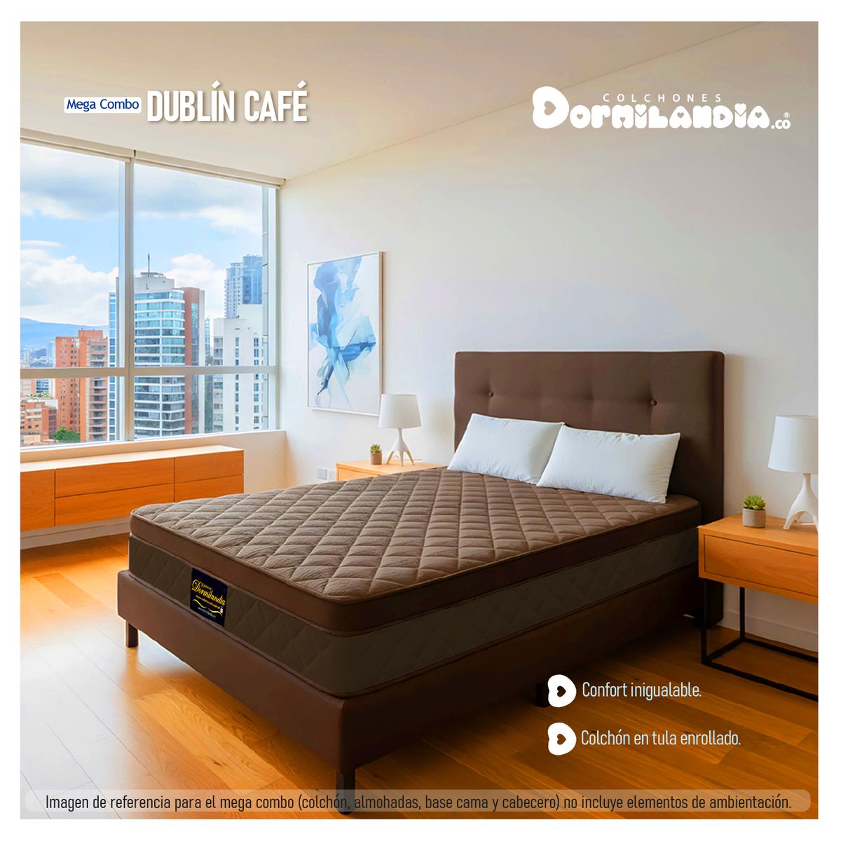 DORMILANDIA - Mega Combo Colchón Dublín King Café Resortado Más Base Cama Dividida, Cabecero y 2 Almohadas