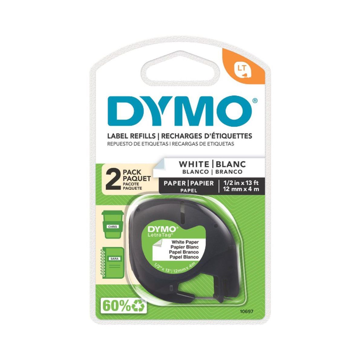 DYMO - Cinta Dymo Letratag papel 12mm x 4m texto negro fondo blanco