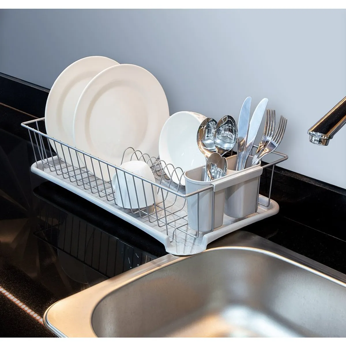 ESSENZA - Escurridor de Platos y Cubiertos Eco Gris con Drenaje Essenza