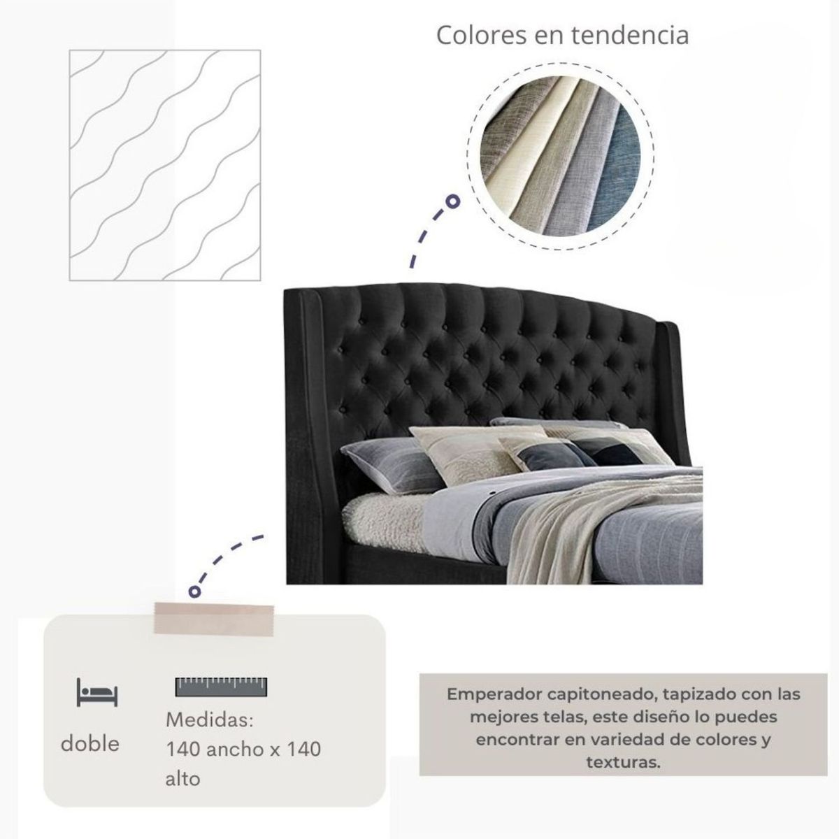 EKONOMODO COLOMBIA - Base Cama Con Espaldar King En Pino Italia Negro 200X200 Cm