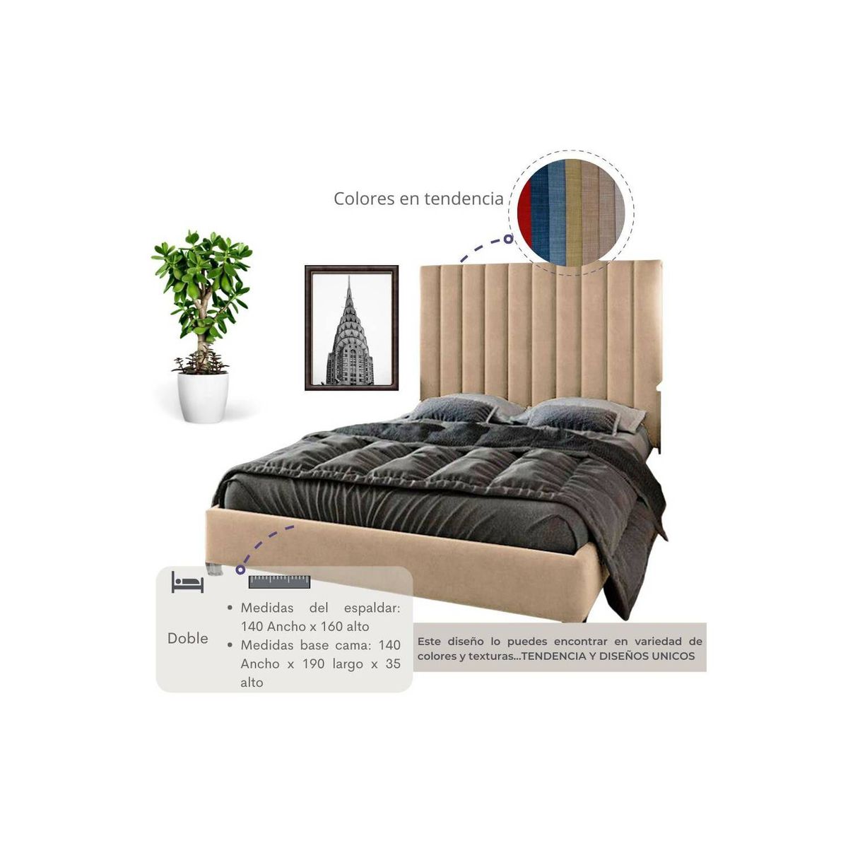 EKONOMODO COLOMBIA - Base Cama Con Espaldar Doble En Pino Natura Taupe 140X190 Cm