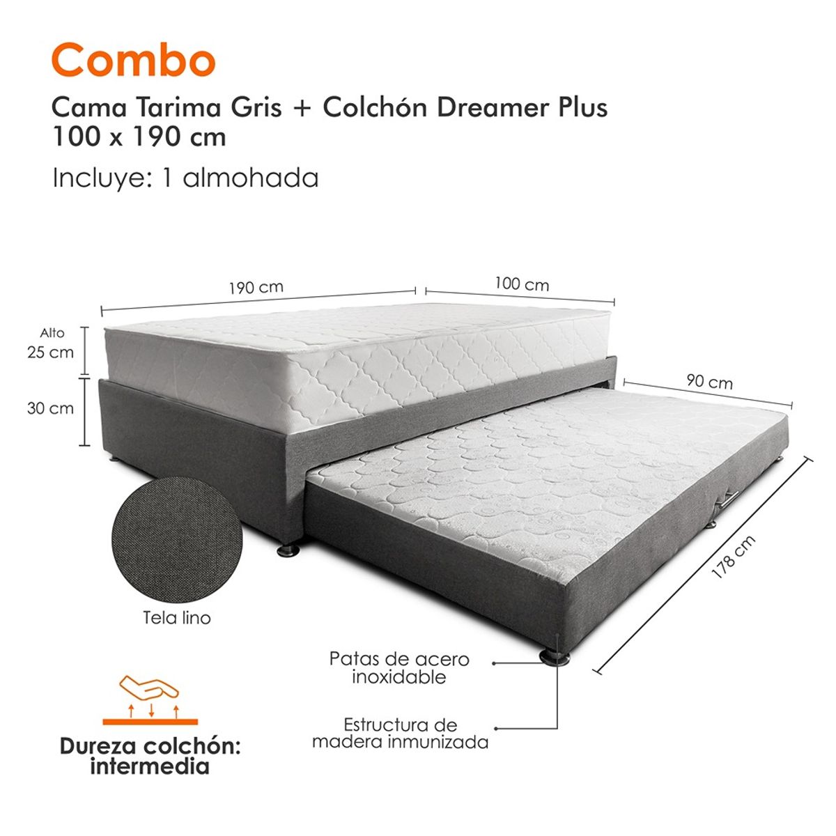 MUEBLES ONLINE - Combo Cama Nido Tarima gris + colchón Dreamer Plus 100 x 190 cm