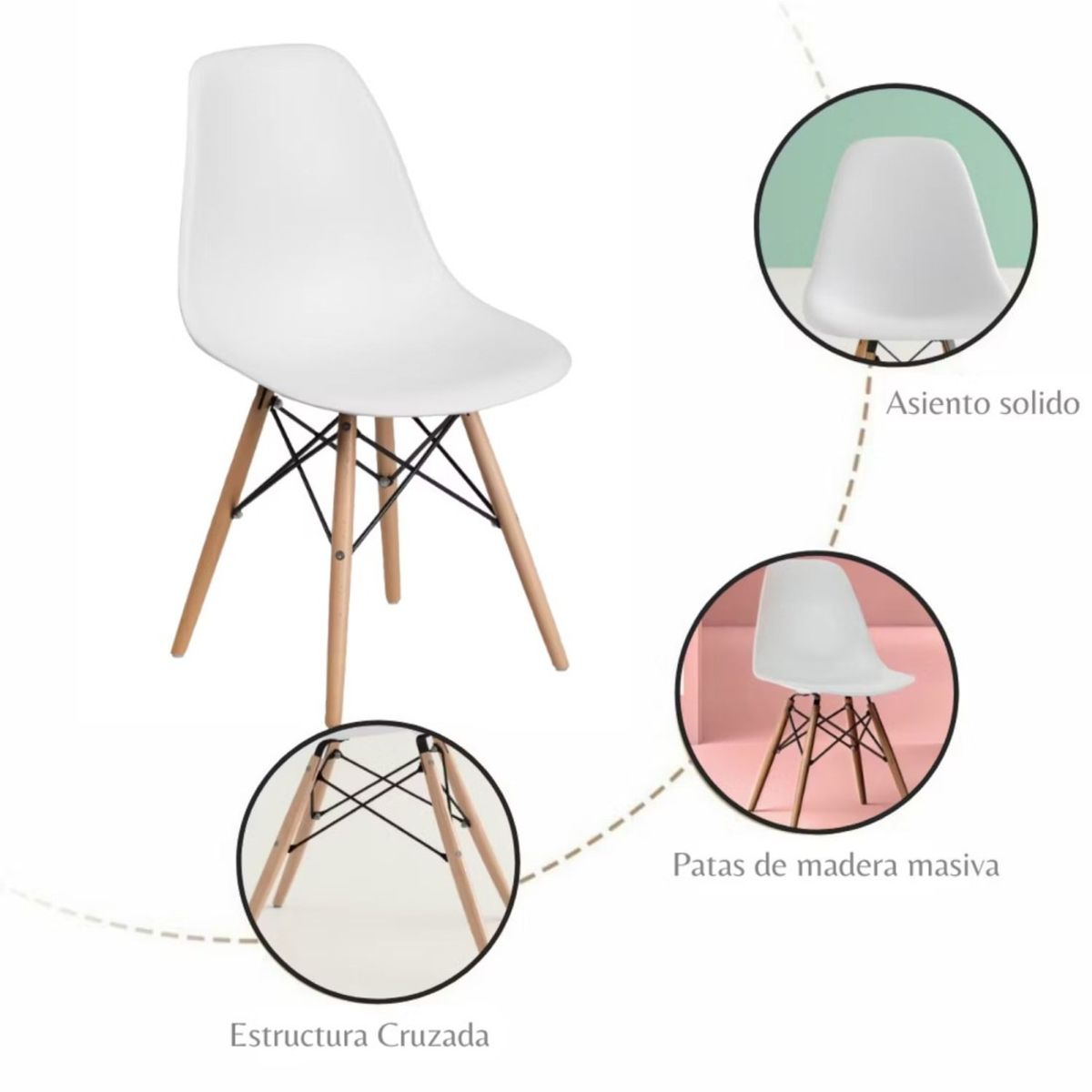 EKONOMODO COLOMBIA - Mesa Comedor Madera Robledo 4 Puestos + Sillas Eames Blanco