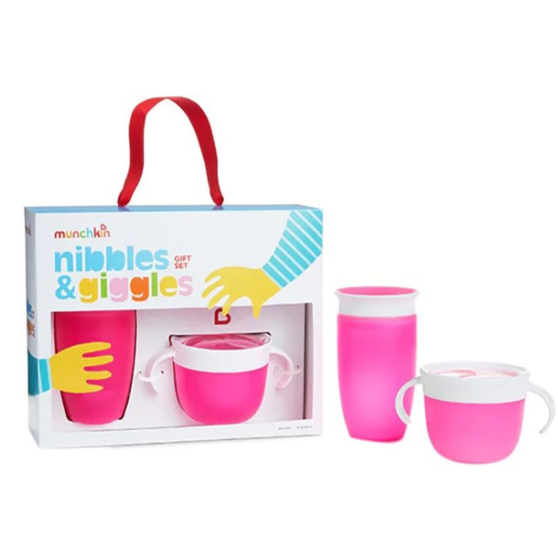 MUNCHKIN - Set de Comedor Nibbles Rosado Vaso 360° y Bowl Bebe Munchkin