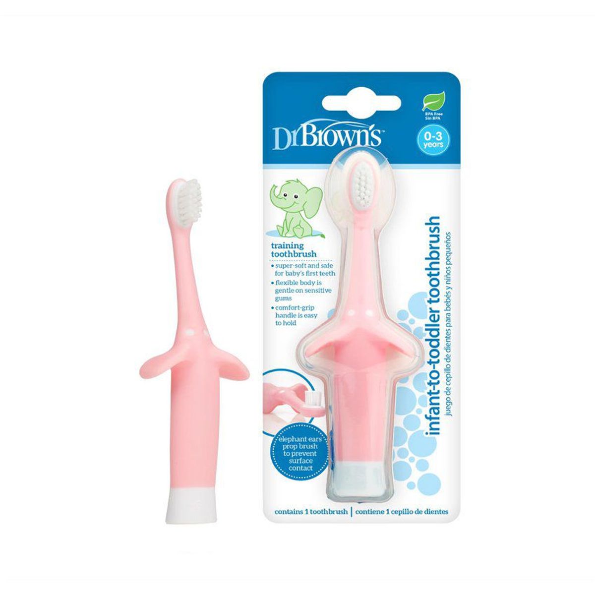 DR BROWNS - Cepillo de Dientes Bebe 0-3 Años Dr Brown Elefante Rosado