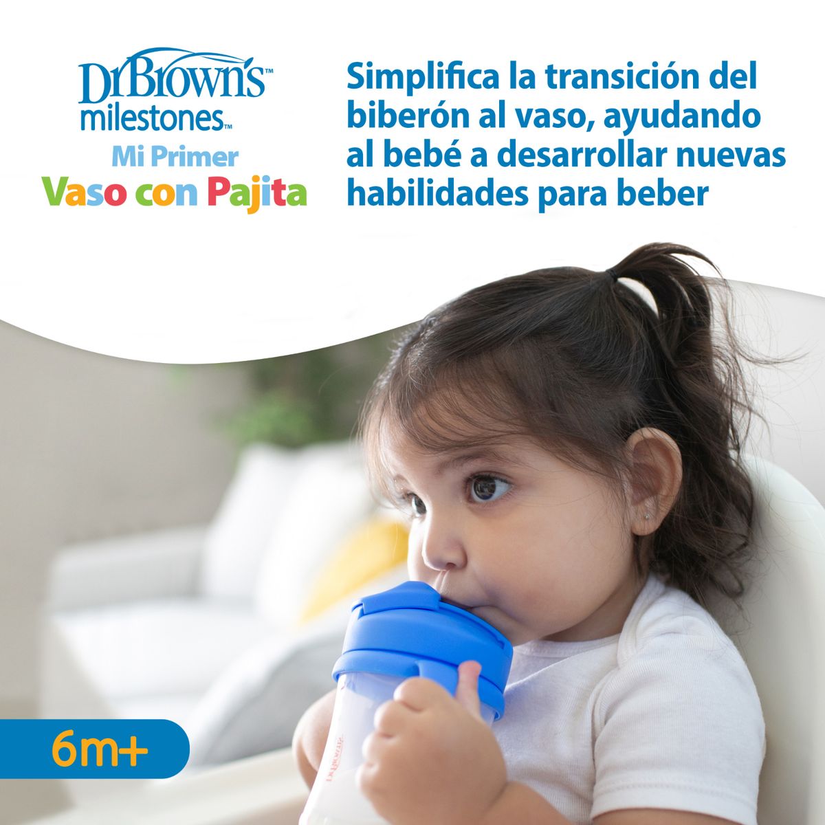 DR BROWNS - Vaso Antiderrame Niños - 9 Oz Azul Con Pitillo y Pesa