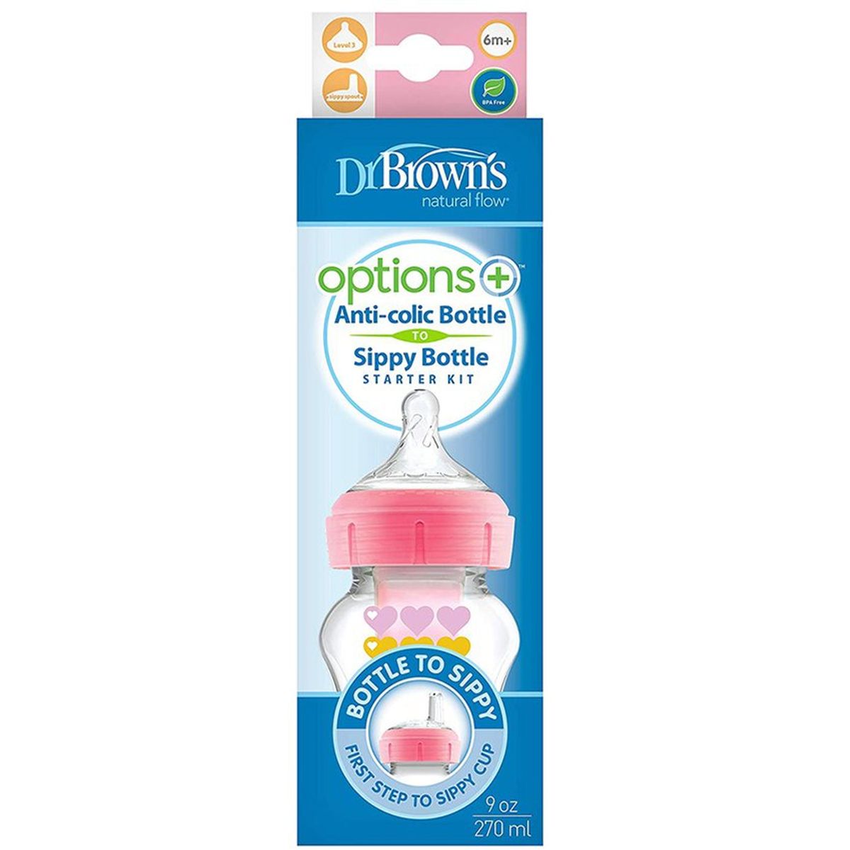 DR BROWNS - Tetero Dr brown 9 Oz Rosado Chupo N-3 Boquilla de Transicion