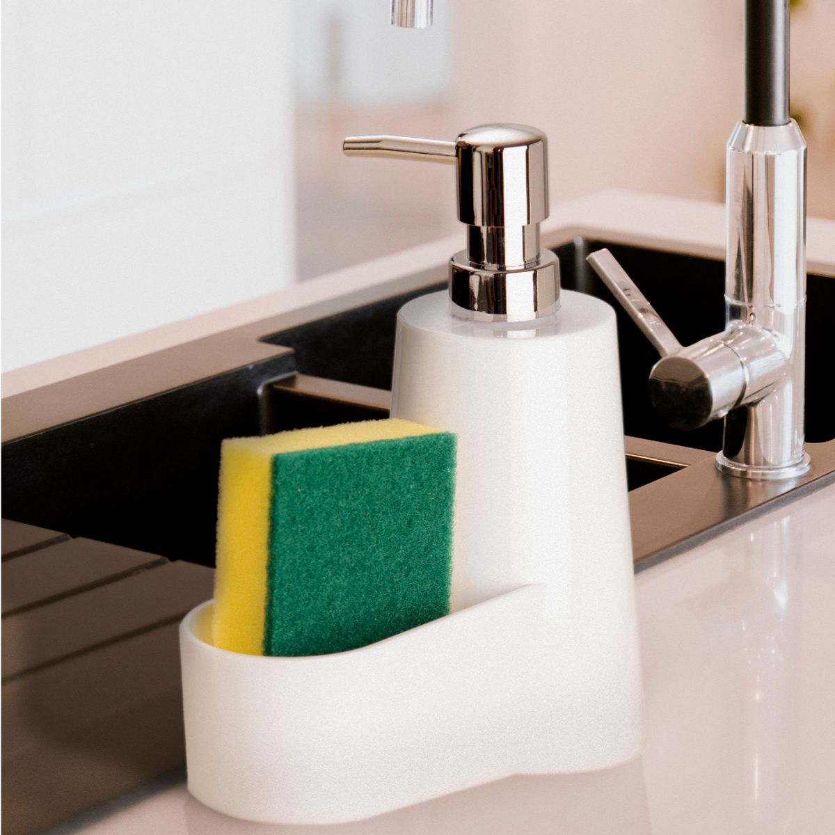 ESSENZA - Dispensador de Jabon Liquido 390ml Soporte de Esponja Blanco