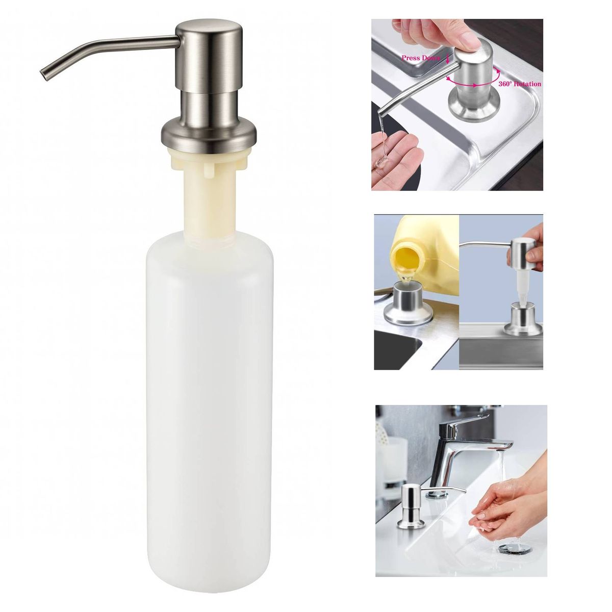 GENERICO - Dispensador de jabón en acero con cuerpo en abs para cocina