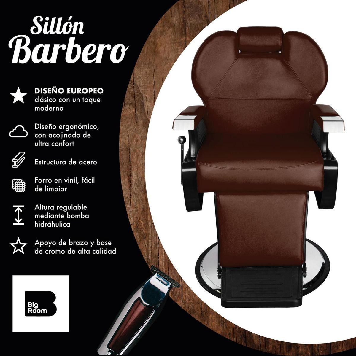 BIG ROOM - Sillon Barbero Hidráulico Silla Barberia Peluqueria Estetica