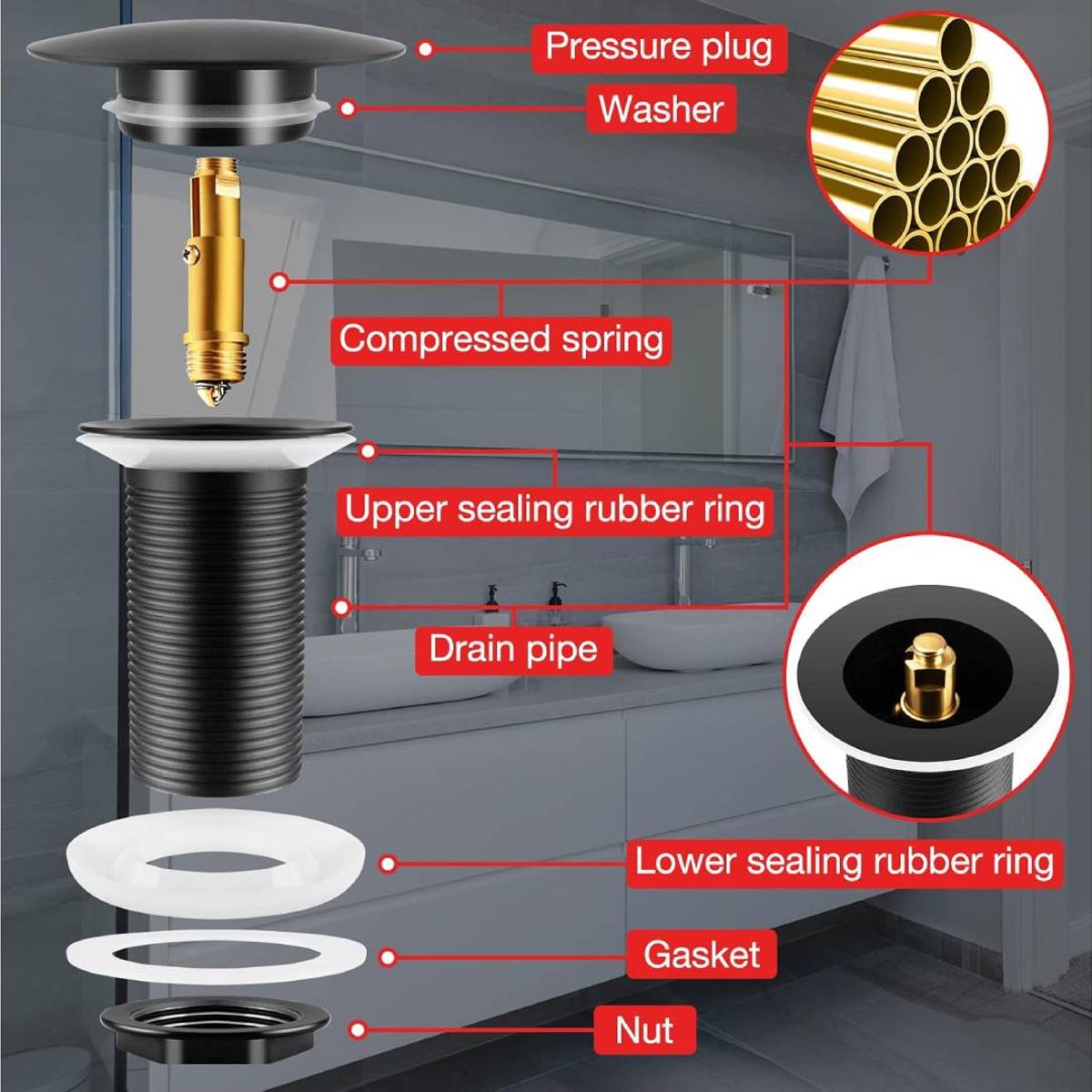 GENERICO - Desagüe push negro sistema lavamanos -standar de 1 1/4