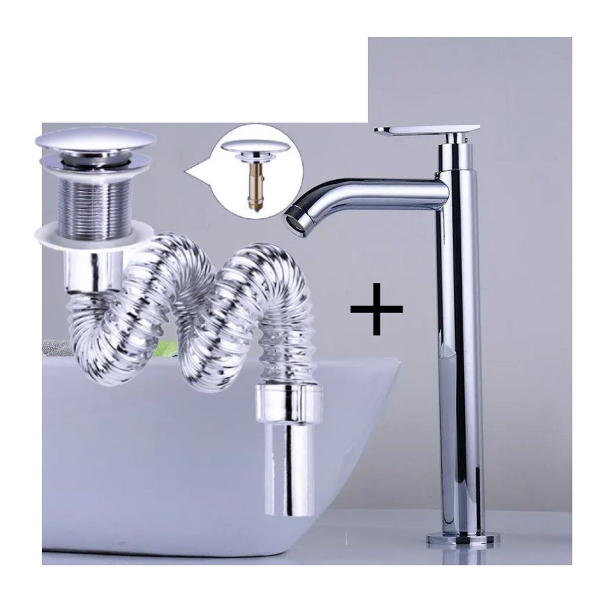 GENERICO - Kit griferia lavamanos alta agua fria metálica+desague push