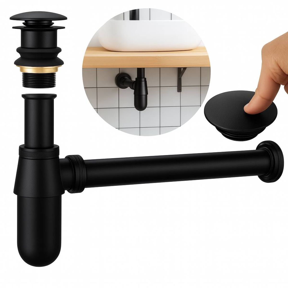 GENERICO - Kit sifón anti-olores desagüe botella negro metálico lavamanos 1 1/4