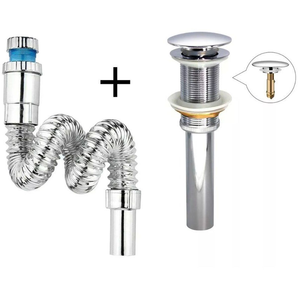 GENERICO - Kit sifón abs acordeon y desagüe push hongo lavamanos 1 1/4