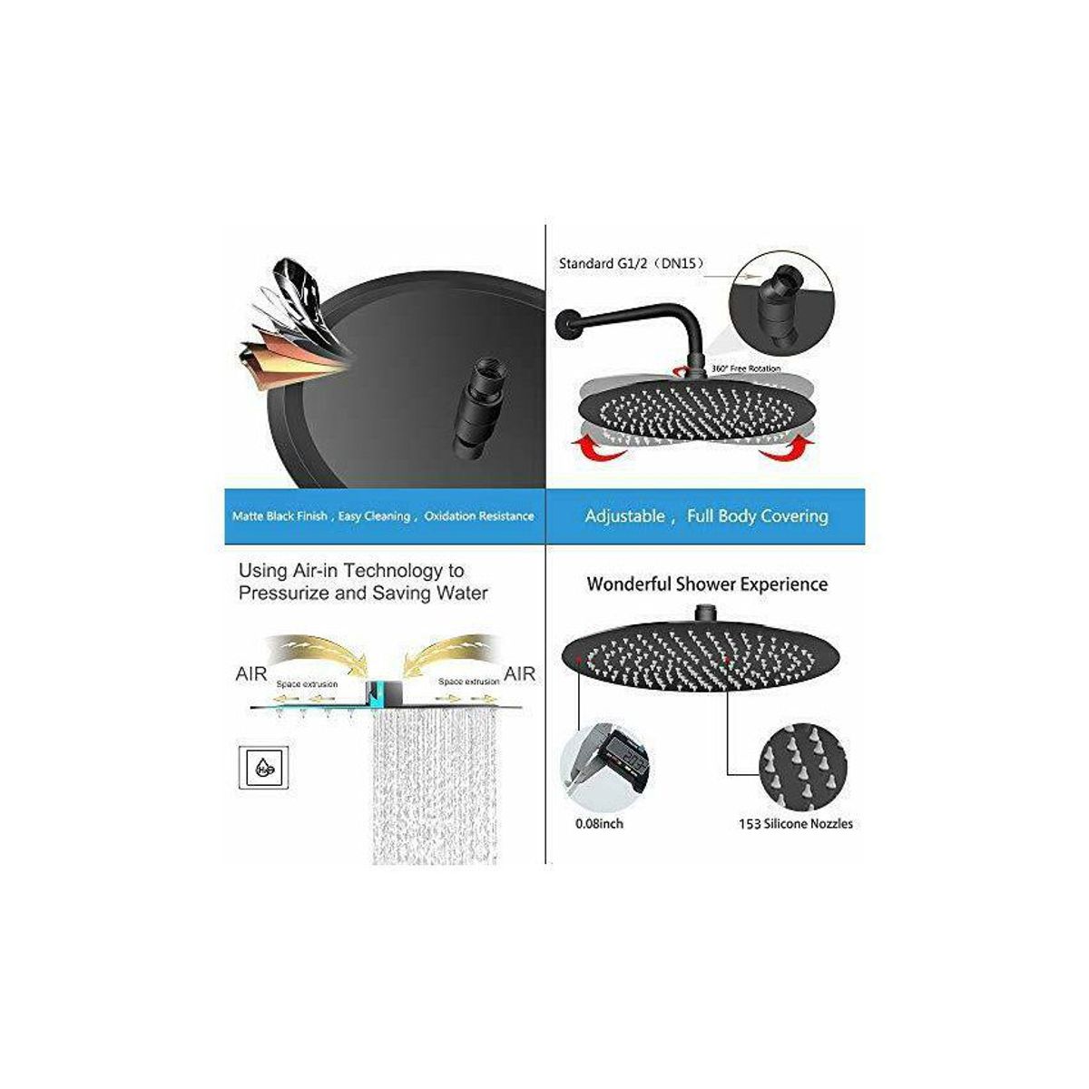 GENERICO - Kit completo mezclador ducha negro y ducha 20cm tubo pared
