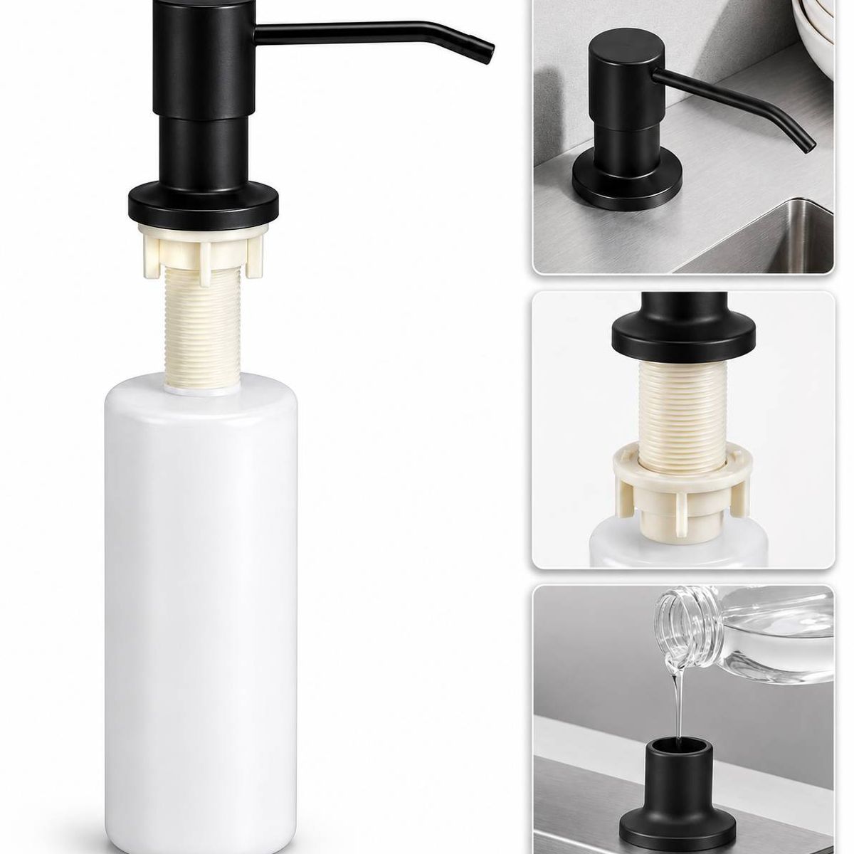 GENERICO - Dispensador jabón 300ml pico acero negro cuerpo abs cocina