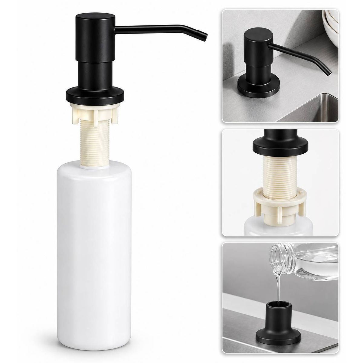 GENERICO - Dispensador jabón 300ml pico acero negro cuerpo abs cocina