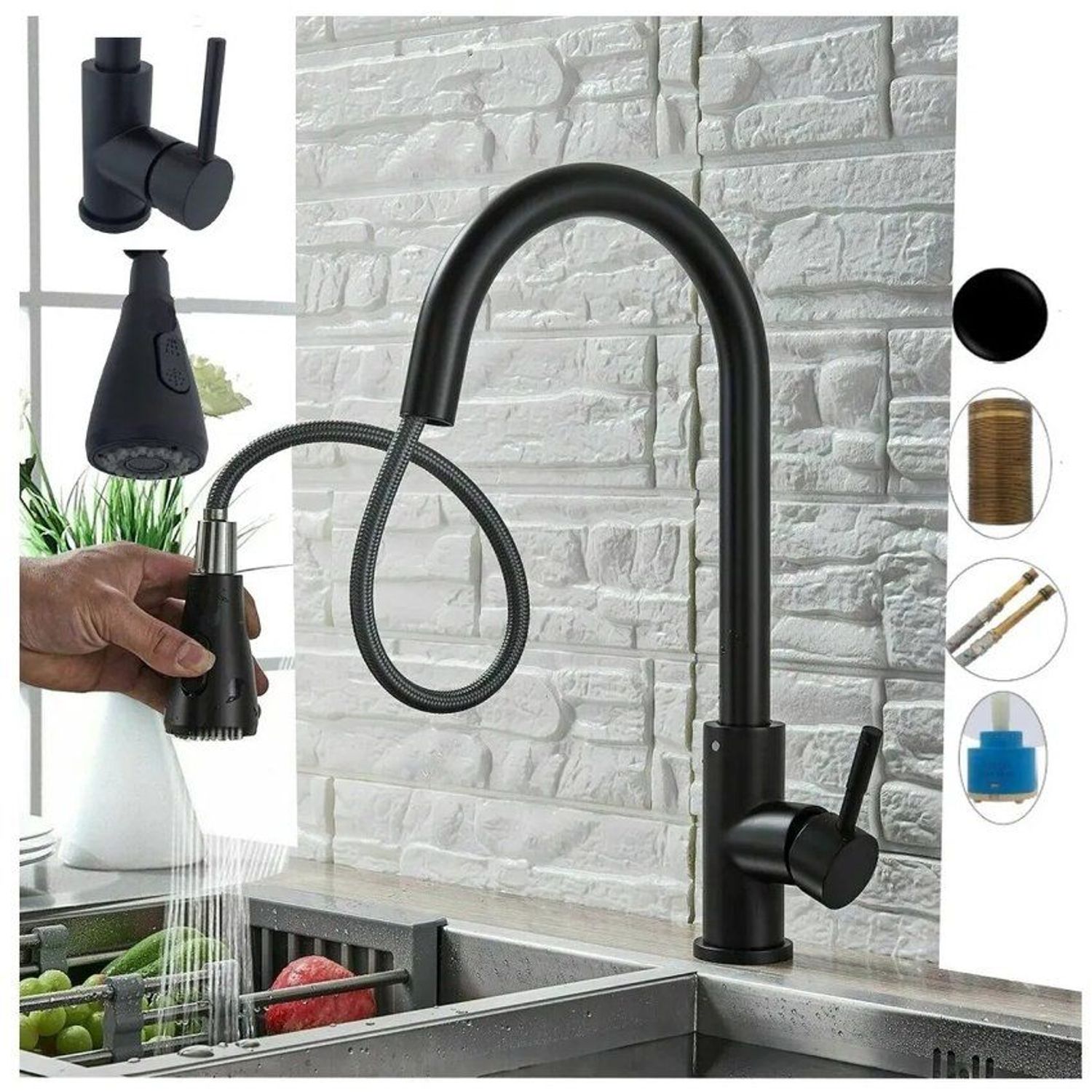 Griferia lavaplatos extraible lujo negro matte doble funcion