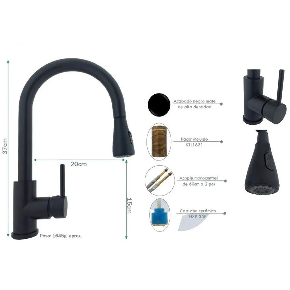 GENERICO - Griferia lavaplatos extraible lujo negro matte doble funcion