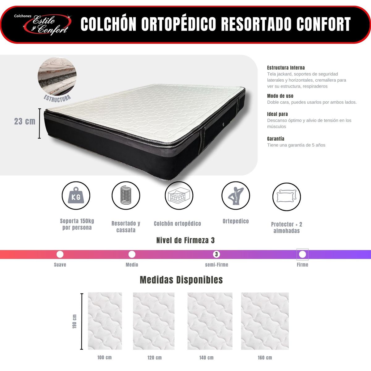 ESTILO Y CONFORT - Colchón Ortopédico Confort 100x190 Estilo y Confort