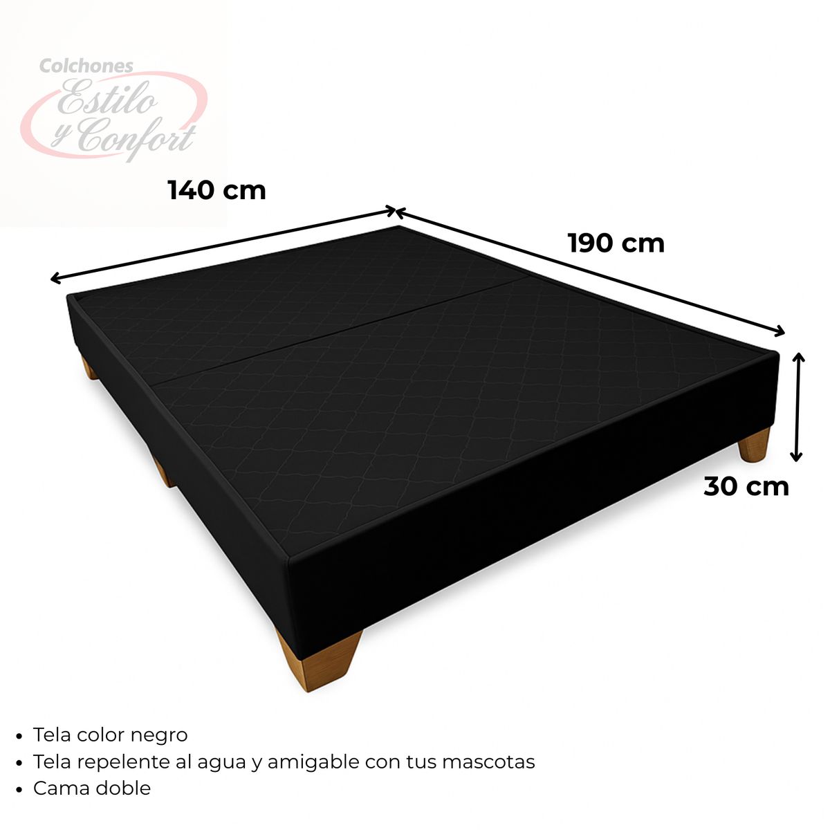 ESTILO Y CONFORT - Basecama Dividida 140x190 Tela Negra Patas Madera