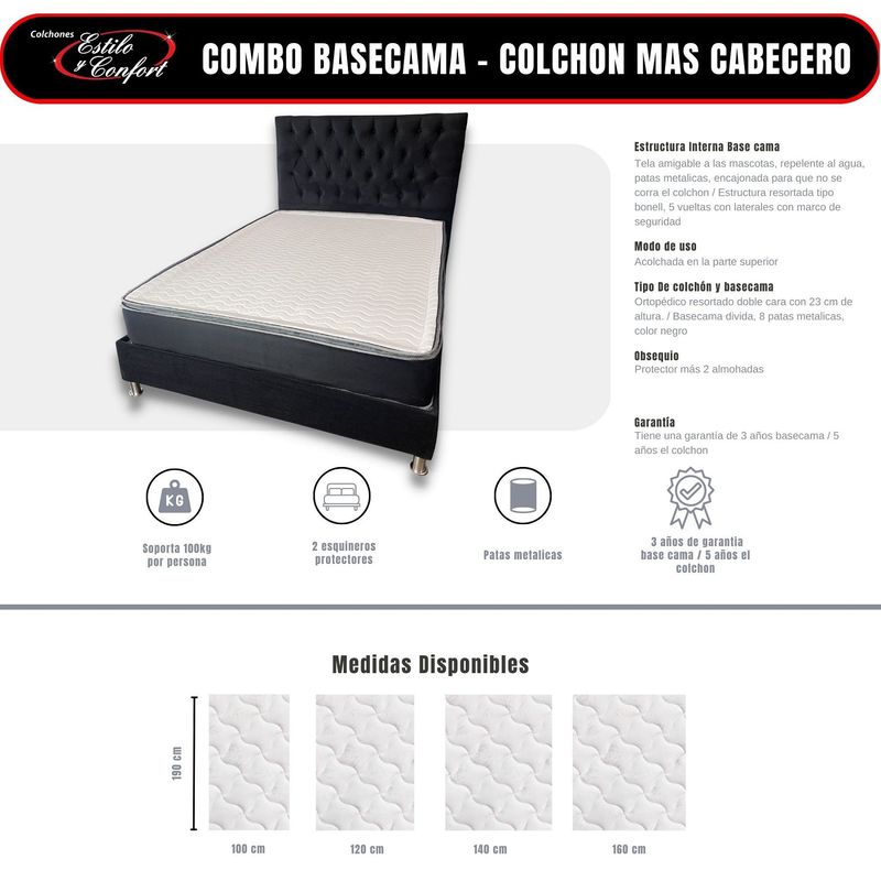ESTILO Y CONFORT - Combo Colchón más Base mas Cabecero 140x190 más obsequios