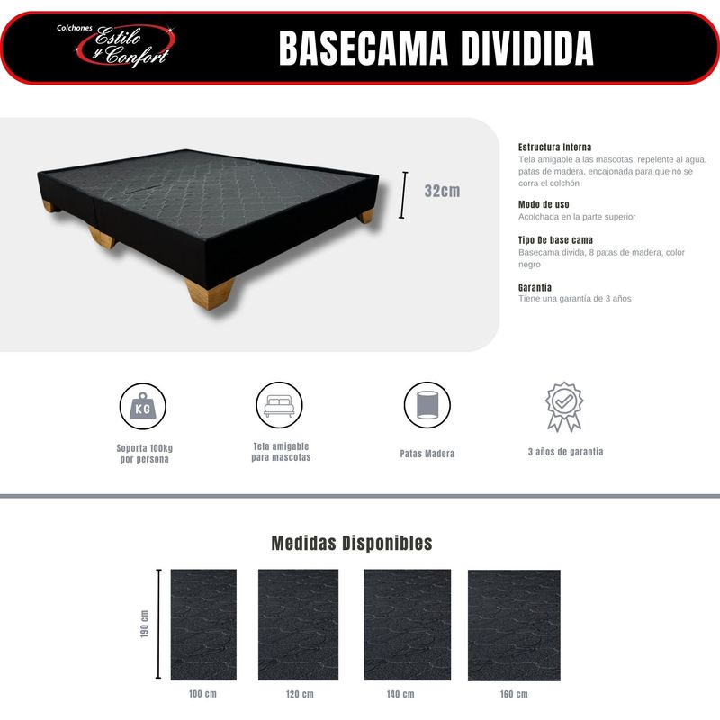 ESTILO Y CONFORT - Basecama 100x190 estilo y confort dividida  tela negra pata madera
