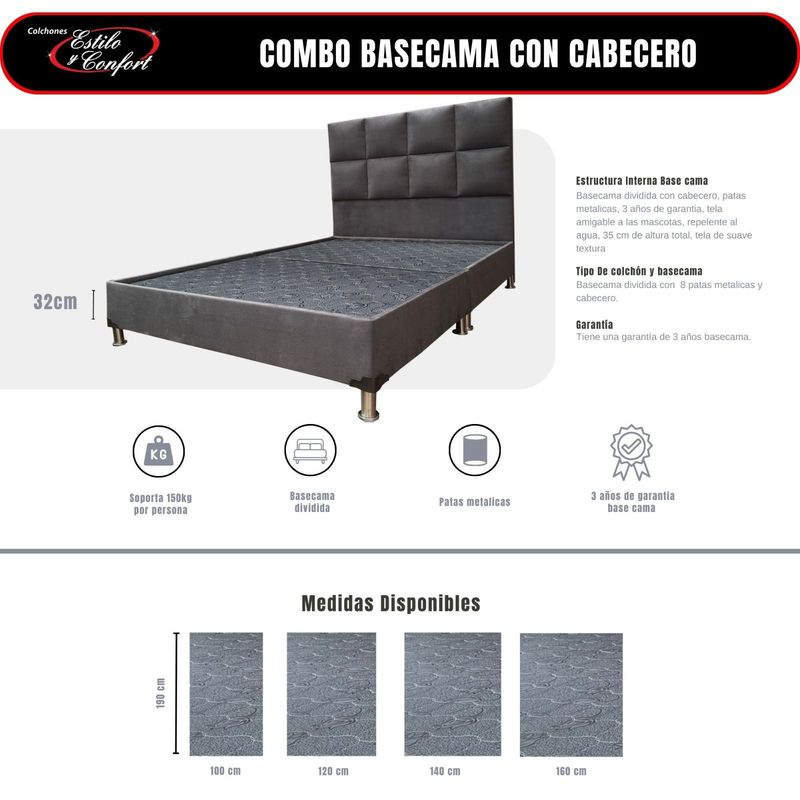 ESTILO Y CONFORT - Base mas cabecero 160x190 venecia estilo y confort lona gris