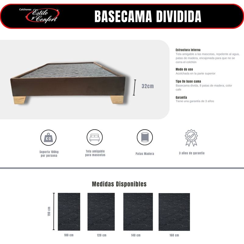 ESTILO Y CONFORT - Basecama 160x190 estilo y confort dividida  tela café pata madera.