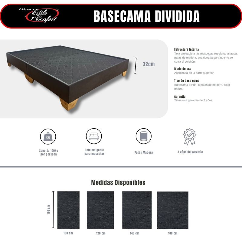 ESTILO Y CONFORT - Basecama 100x190 estilo y confort dividida  tela gris pata madera.