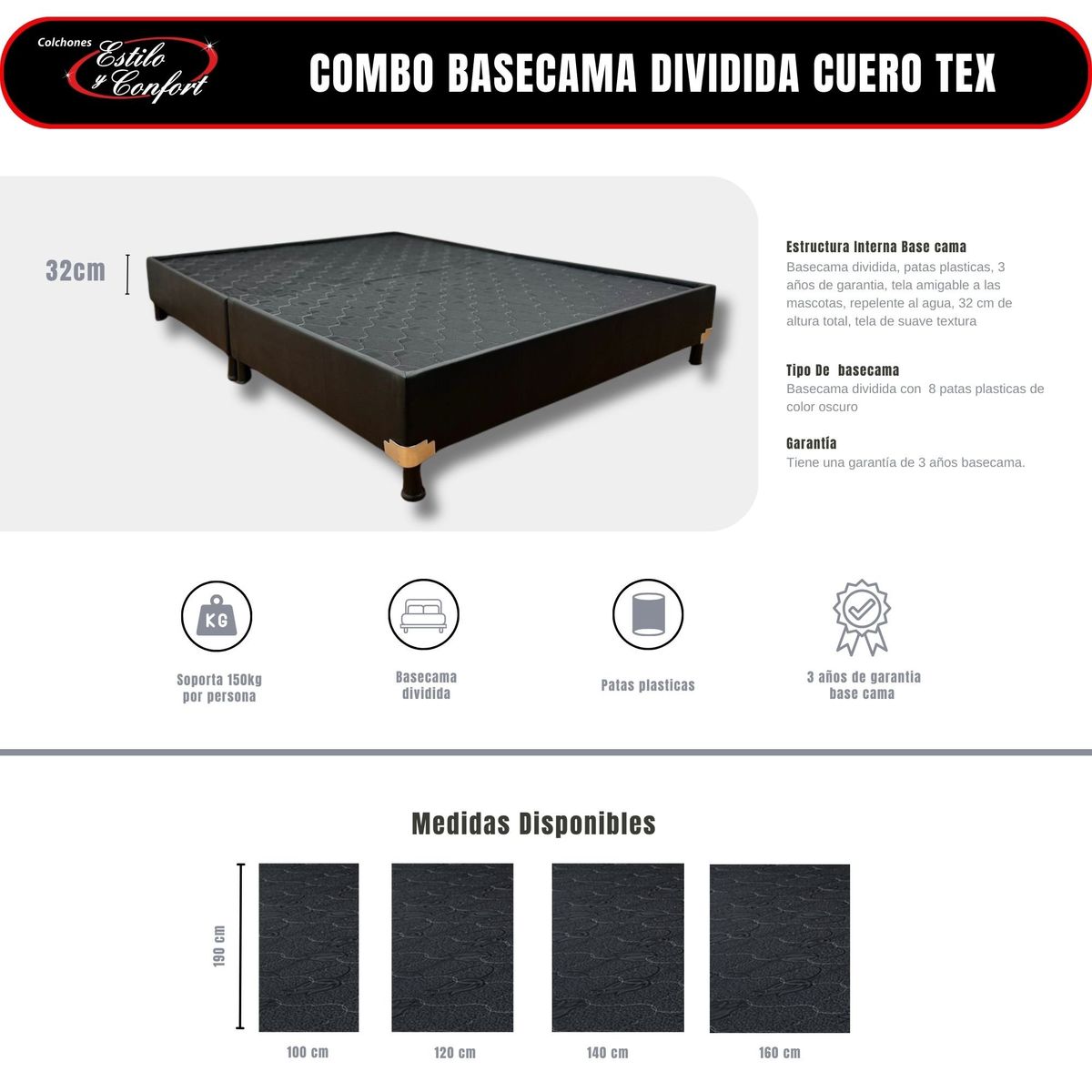 ESTILO Y CONFORT - Basecama Dividida Sintético Negro 160X190 Queen
