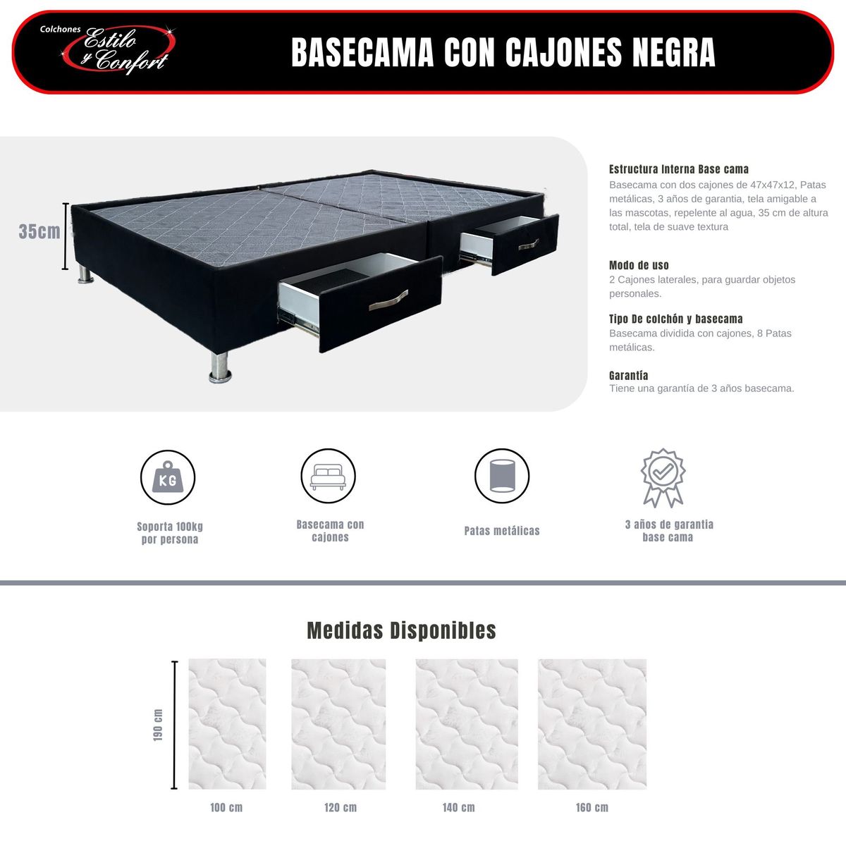 ESTILO Y CONFORT - Basecama con cajones 140x190 Tela negra