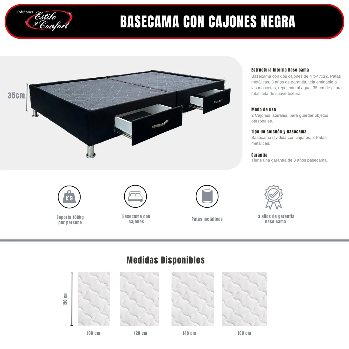 ESTILO Y CONFORT - Basecama con cajones 120x190 tela negra