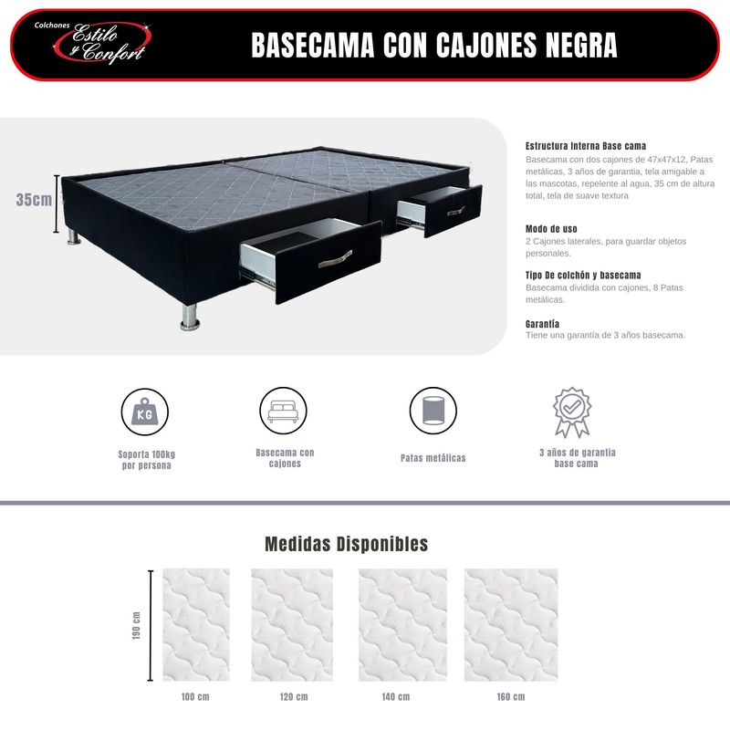ESTILO Y CONFORT - Basecama con cajones 120x190 tela negra
