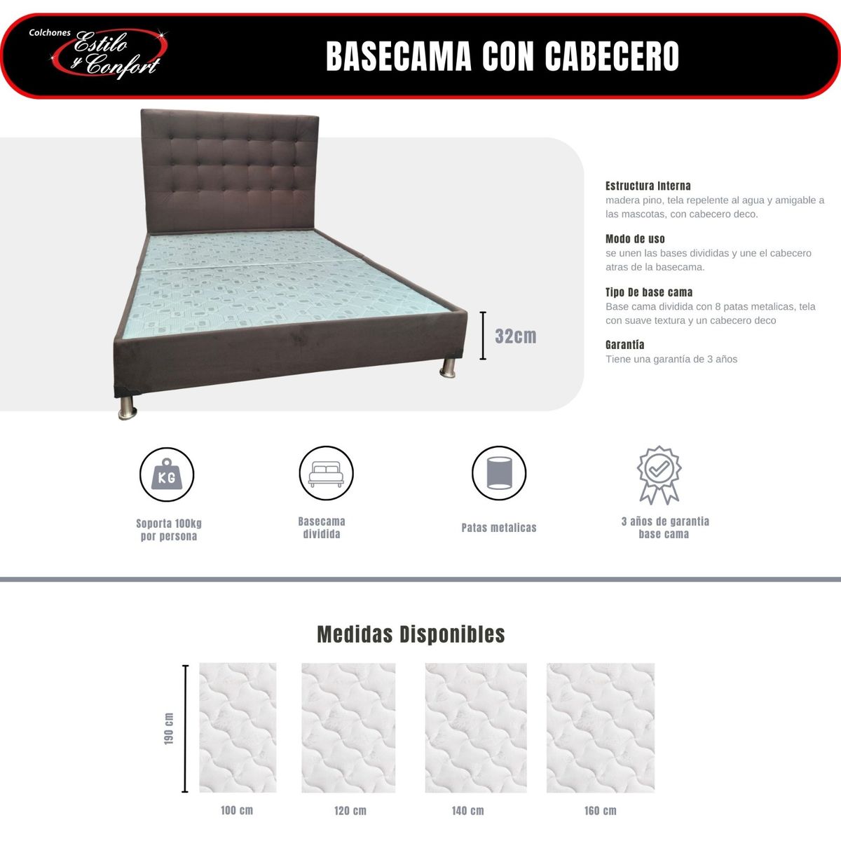 ESTILO Y CONFORT - Basecama más Cabecero Estilo y Confort 160x190 Café
