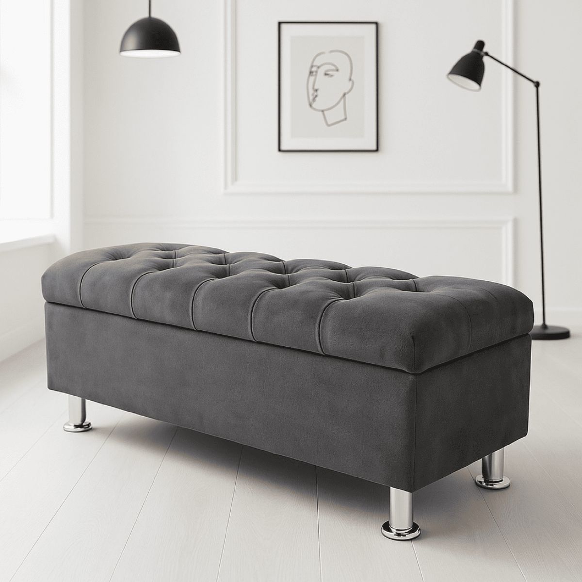 ESTILO Y CONFORT - Puff baul 100 capitoneado en tela gris