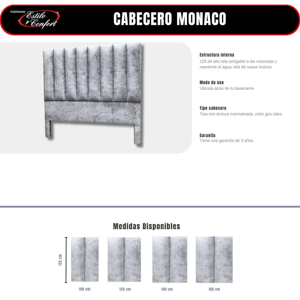 ESTILO Y CONFORT - CABECERO MONACO GRIS ESP 160