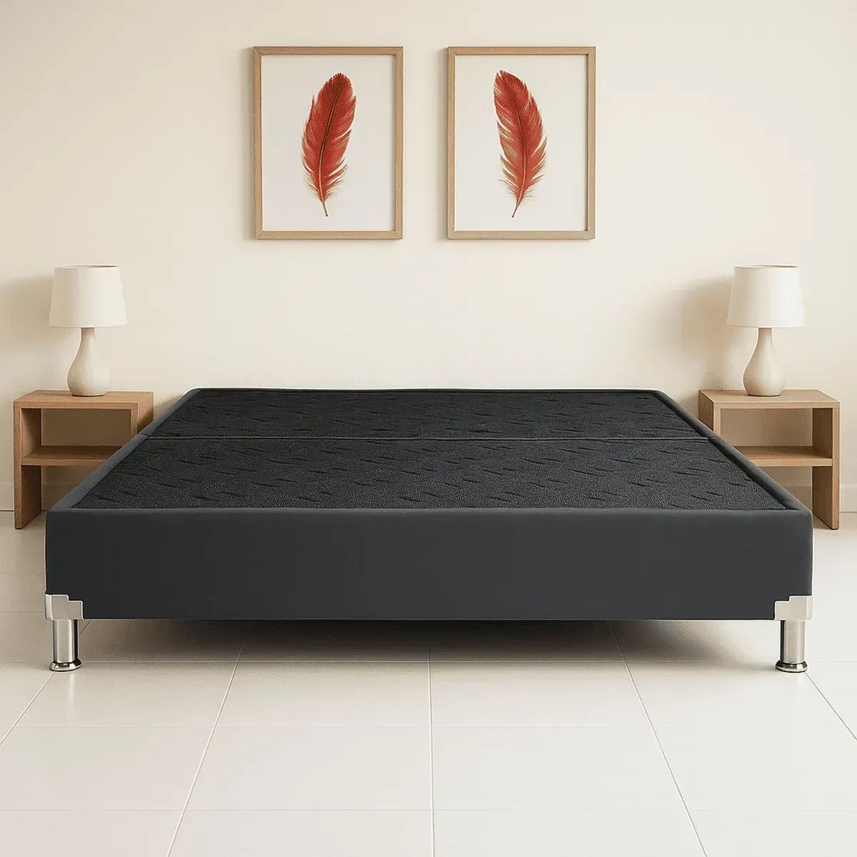 ESTILO Y CONFORT - Basecama Queen Dividida Tapizada en Tela Gris Pata Metalica 160x190