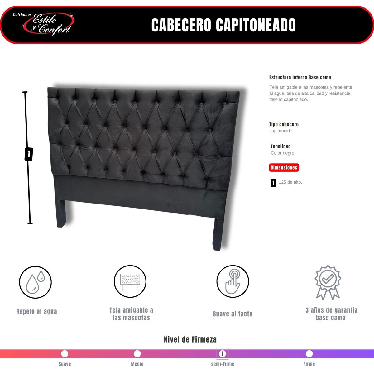 ESTILO Y CONFORT - Cabecero capitoneado negro 140x125