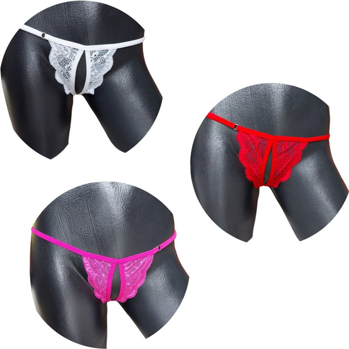 GENERICO - Tanga francesa en encaje para mujer x 3 unidades Rojo negro y fucsia