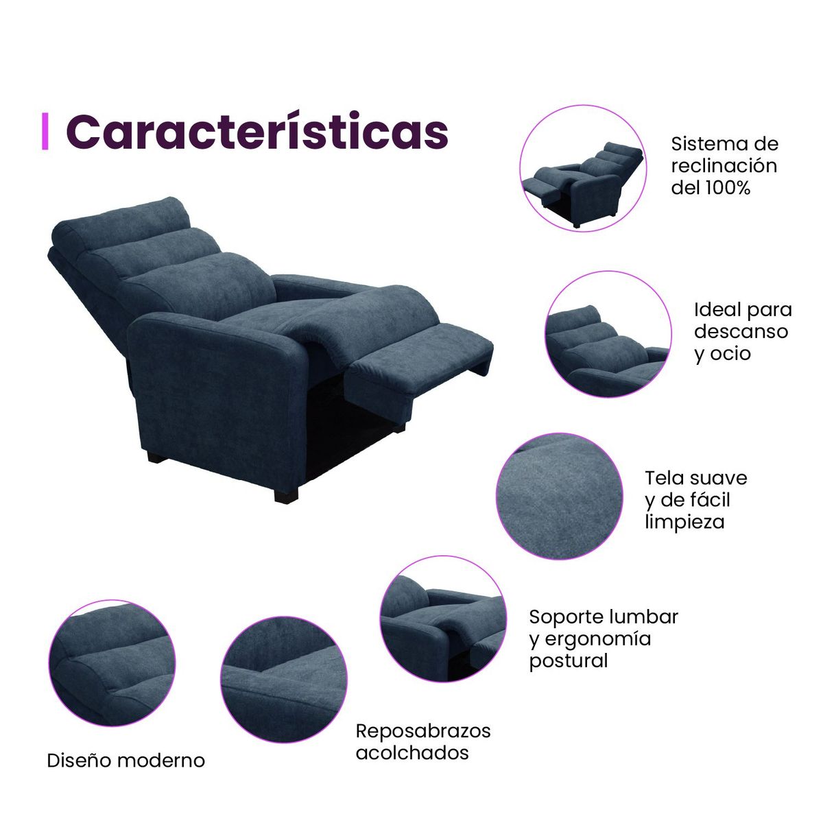 HIGH CLASS - Silla Reclinable Odín - Tela Azul Índigo