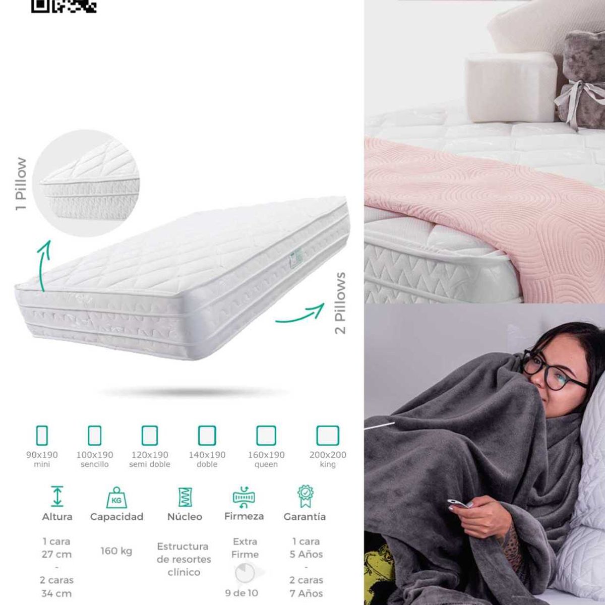 COLCHONES JUBILO - COMBO COLCHON LUMBAR 1 PILLOW FIRME 160X190