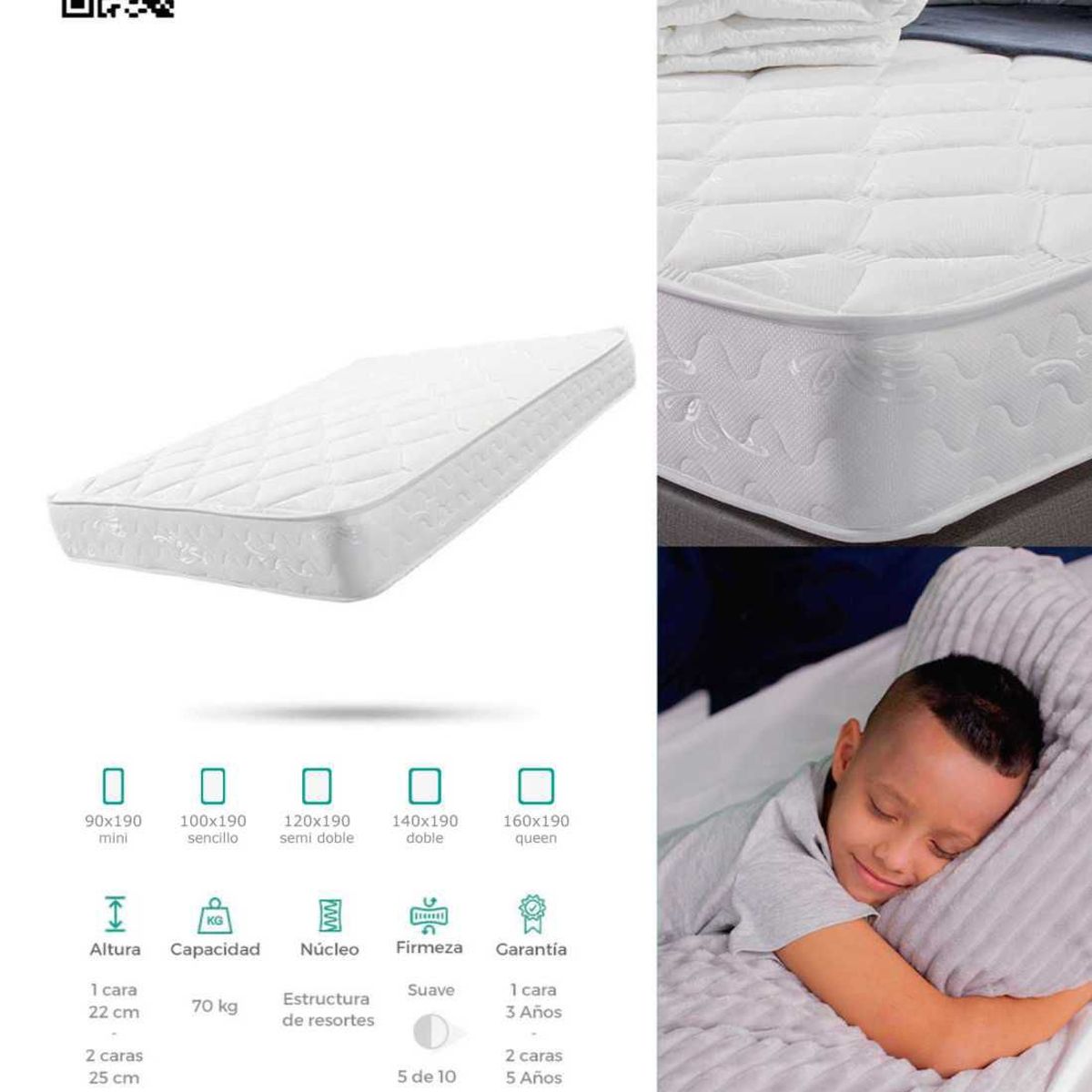 COLCHONES JUBILO - COMBO COLCHON JÚBILO DOBLE CARA SUAVE 120X190 BLANCO.