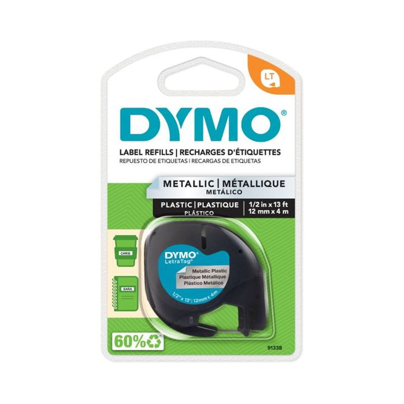 DYMO - Etiqueta plástica Dymo LetraTag texto negro fondo plateado